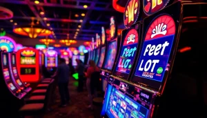 Excited players engaging with colorful slot machines featuring Free Credit Slot promotions in a vibrant casino.