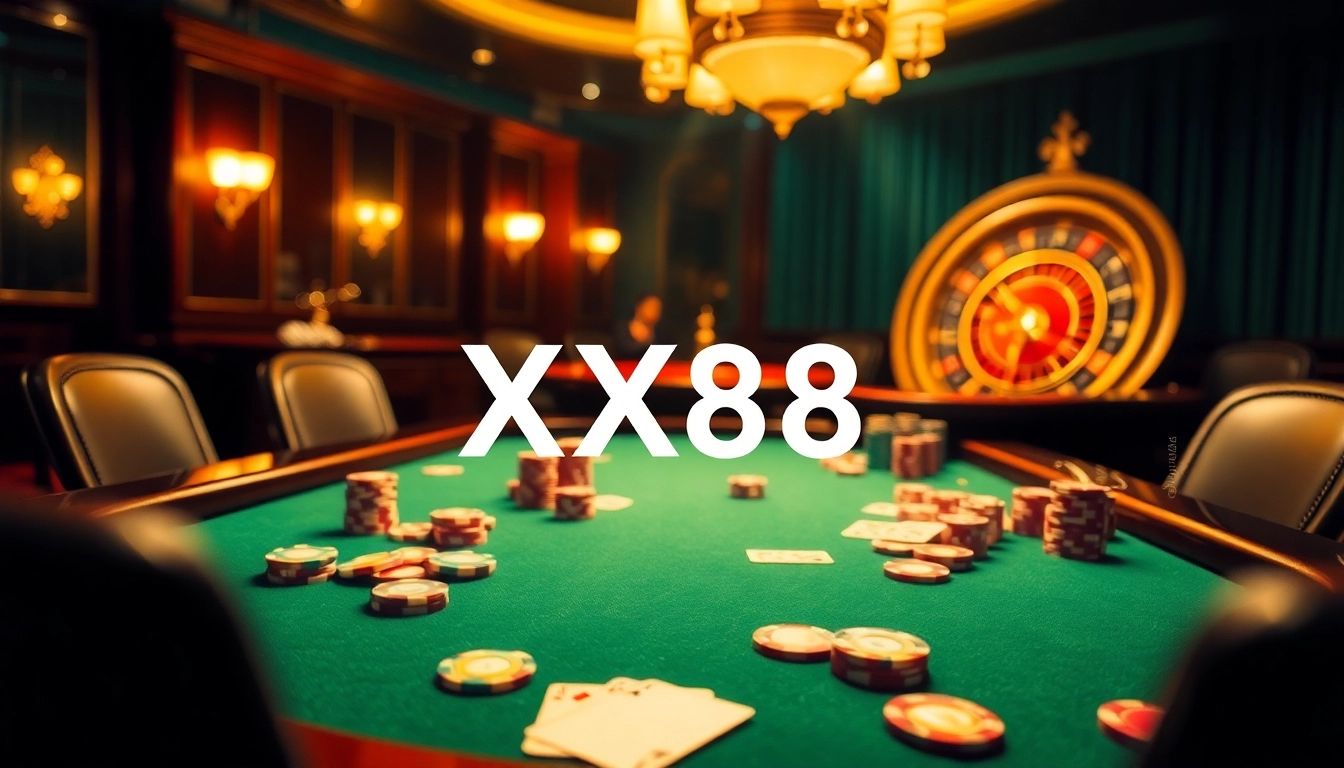 Experience the thrill of gambling with XX88 at an elegant poker table filled with chips and cards.
