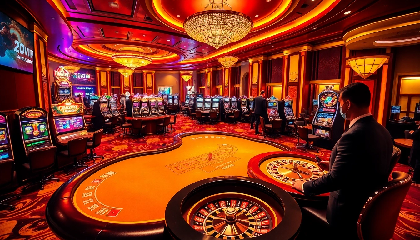 S88vip players engaging with vibrant casino tables and exciting games in a luxurious setting.