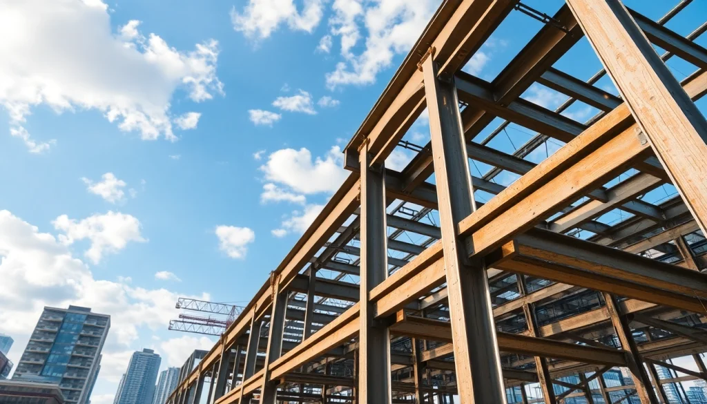 Showcasing innovative steel structure design with intricate beams and columns in a modern urban setting.