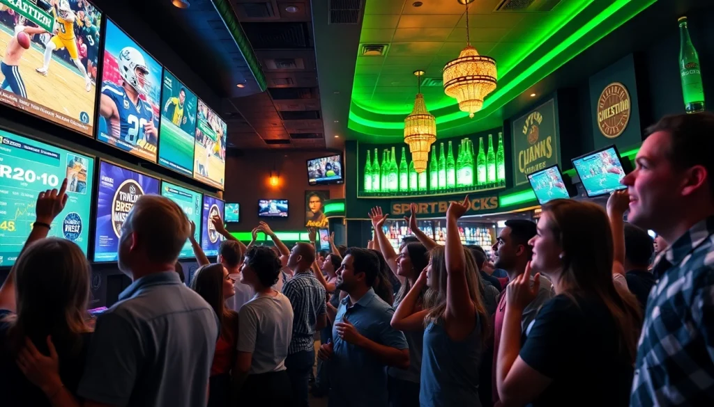 Cheering fans engaging with sportsbooks in Oklahoma in a vibrant sports bar atmosphere.