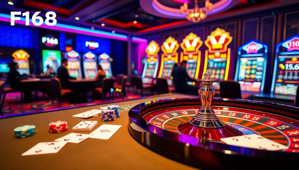 Engaged players enjoying games at the vibrant แบรนด์ F168 online casino with luxury elements and excitement.