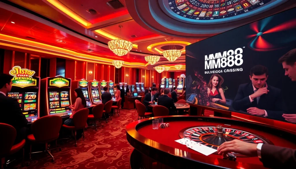 Engaging in thrilling games at MM88's upscale casino environment with vibrant slot machines and roulette.
