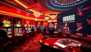 Engaging in thrilling games at MM88's upscale casino environment with vibrant slot machines and roulette.