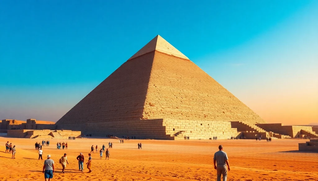 Tourists marvel at the ancient piraminds in Giza under a dramatic sunset, capturing historical significance.