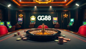 Betting at GG88 casino with vibrant poker chips and a roulette wheel in a luxurious setting.
