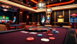 Play and win at Trang chủ QQ88 with a vibrant online casino scene featuring poker tables and roulette.