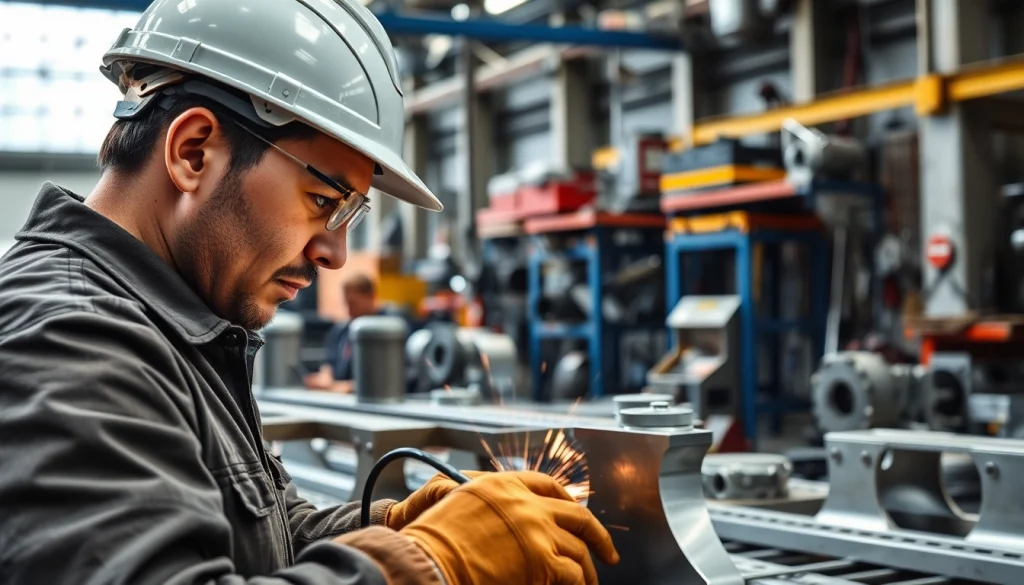 Engaging custom steel fabrication scene with a skilled artisan welding, showcasing metallic textures and tools.