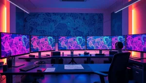 Innovative workspace showcasing NSFW AI-generated art tools and vibrant digital displays.