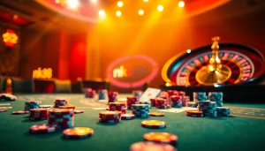 Experience the thrill of nk88 with a vibrant gambling scene featuring poker chips and roulette.