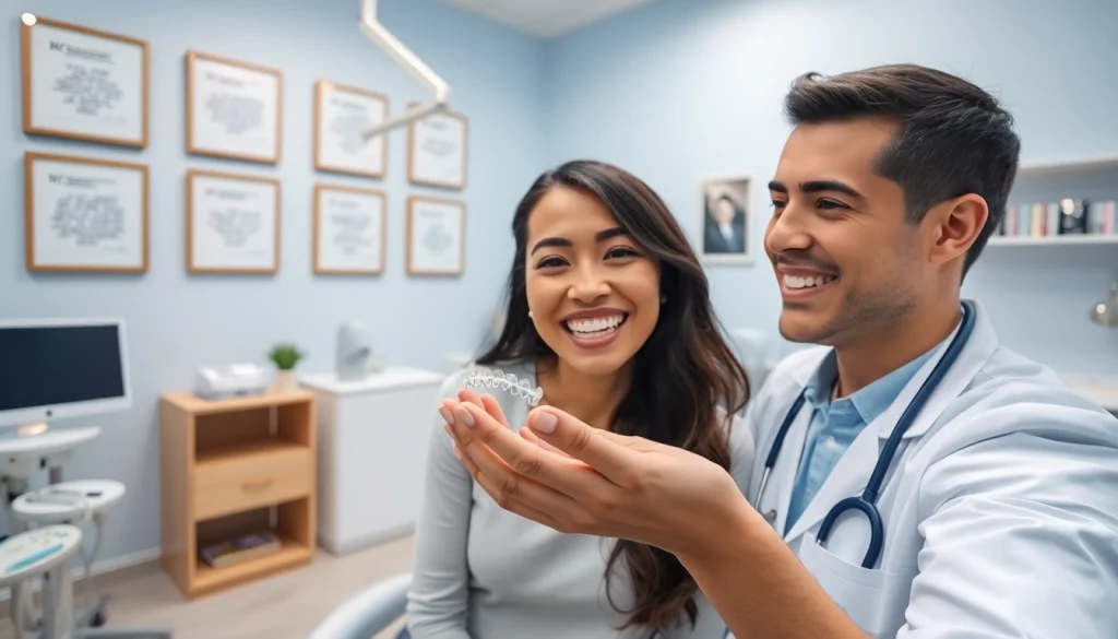 ウィスマイル矯正 口コミ depicting a welcoming orthodontic clinic with a satisfied patient and a friendly orthodontist.