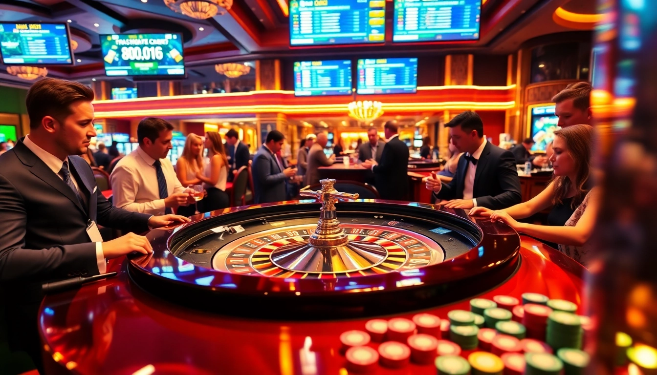 Experience sbobet sports betting excitement at a luxurious casino table surrounded by eager gamblers.