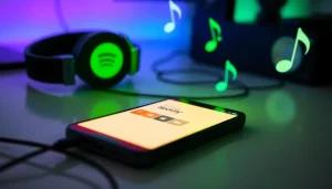 Spotify mod apk displayed on a smartphone with headphones, inviting atmosphere.