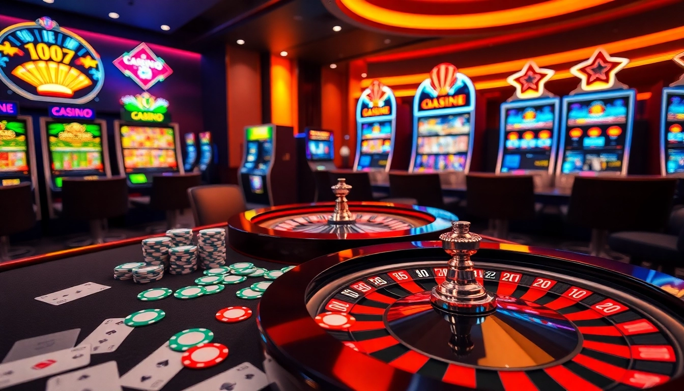 Experience the excitement of רמי אונליין with immersive casino visuals featuring poker chips and roulette wheels.