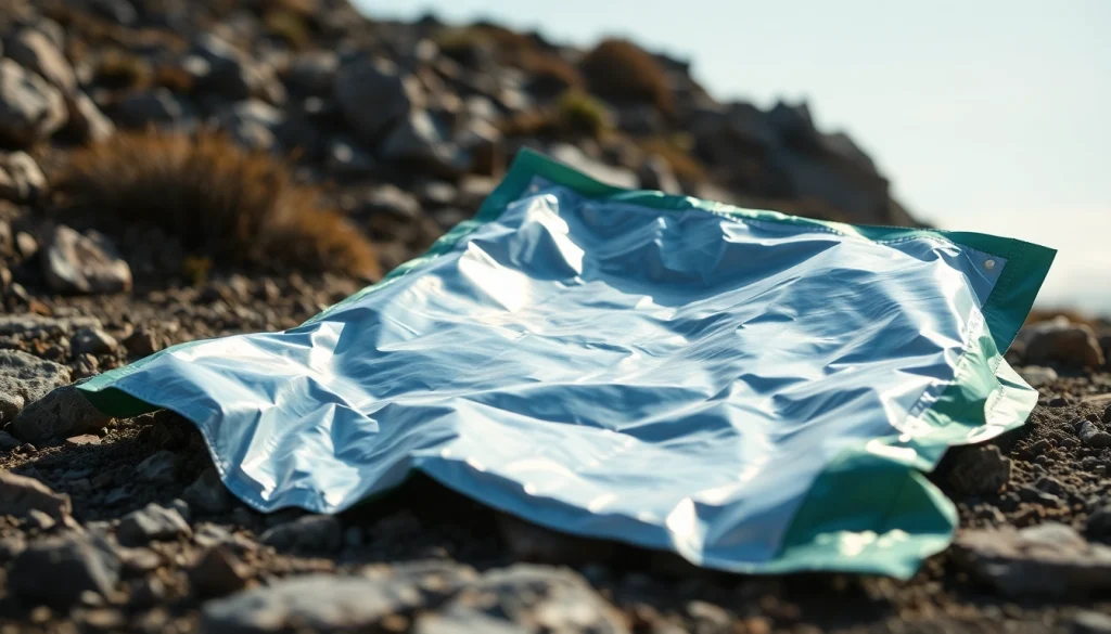Emergency blanket positioned prominently in a survival setting, showcasing its reflective qualities.