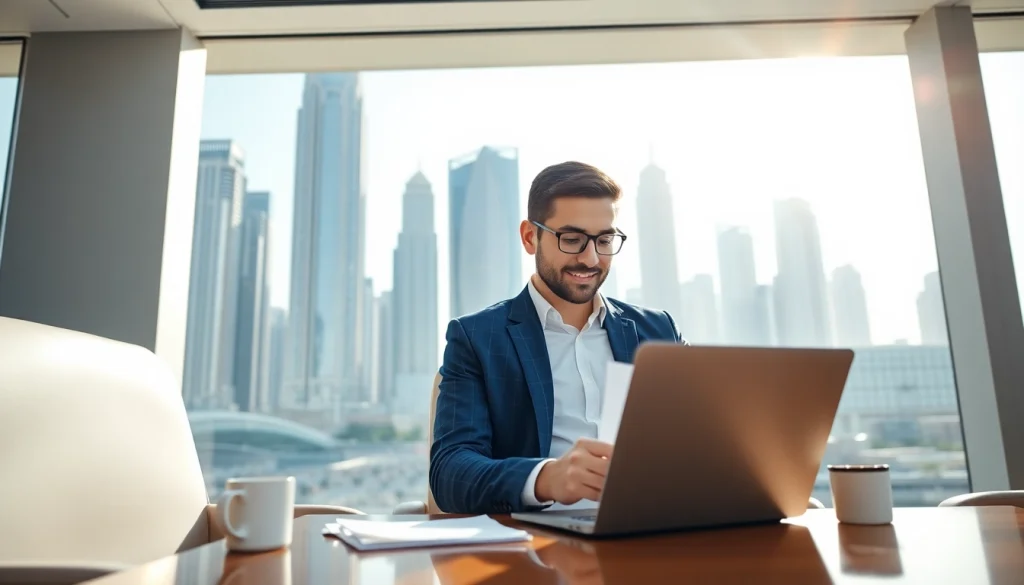 Engaging scene of business setup in Dubai with entrepreneur reviewing documents in a modern office.