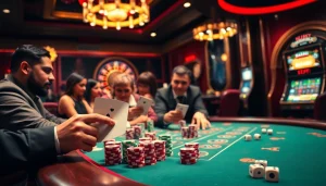 Experience the excitement of רמי אונליין as players engage at a luxurious poker table, showcasing vibrant casino elements.