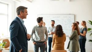 Engaged team participating in a business coaching service session with a professional coach.