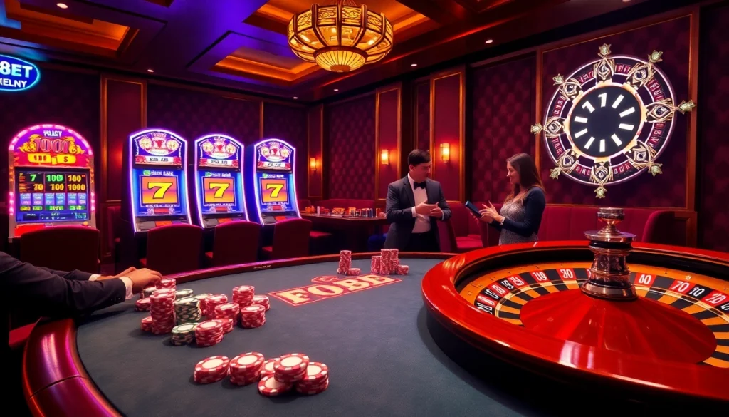F8BET players winning at poker tables with vibrant chips and a roulette wheel.