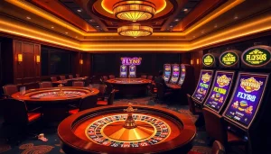 Experience the excitement of FLY88 as players engage with vibrant slot machines in a luxurious casino setting.