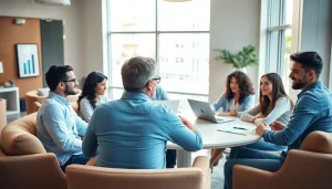 Business coach Los Angeles engages clients in a collaborative conversation in a modern office.