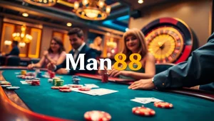 Man88 gamblers enjoying a high-stakes poker game at a luxurious casino table.