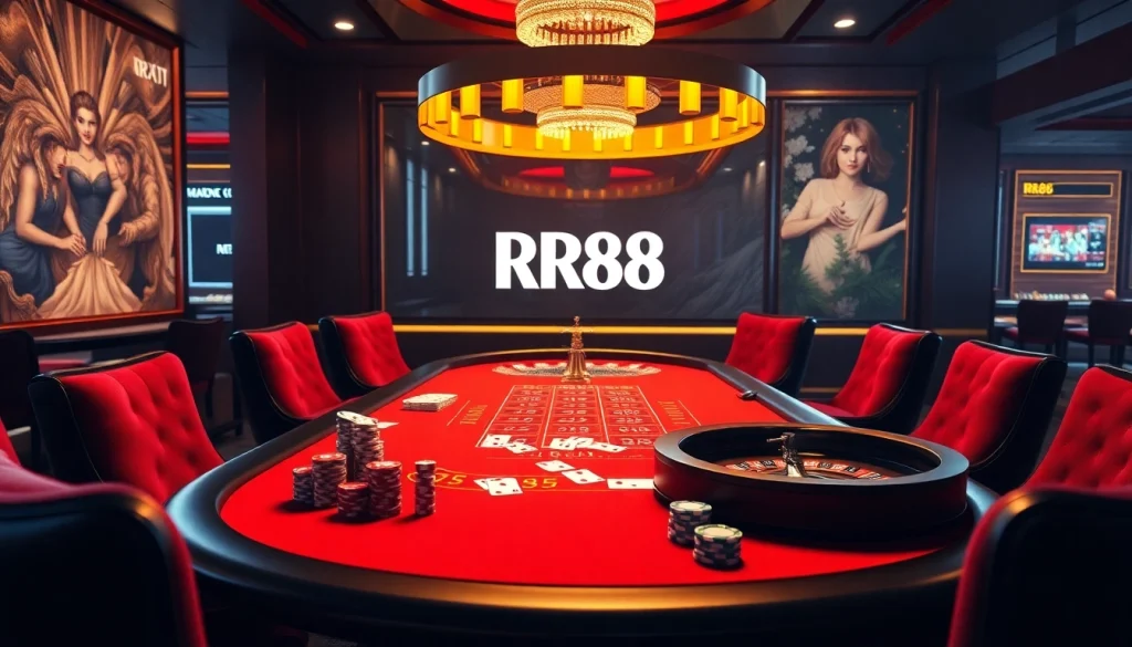 RR88 offers an exciting poker scene highlighting chips and cards for gamblers.