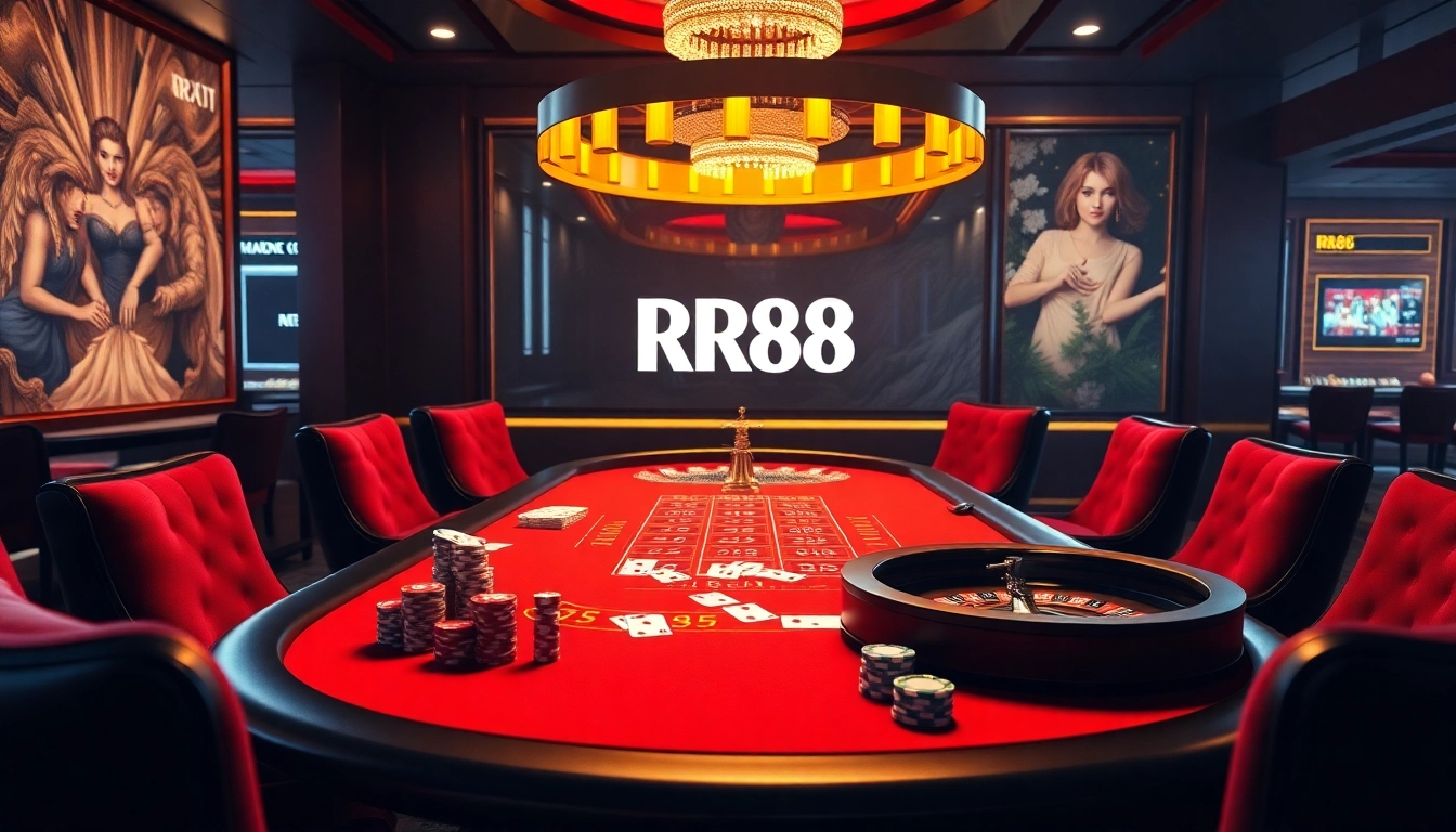RR88 offers an exciting poker scene highlighting chips and cards for gamblers.