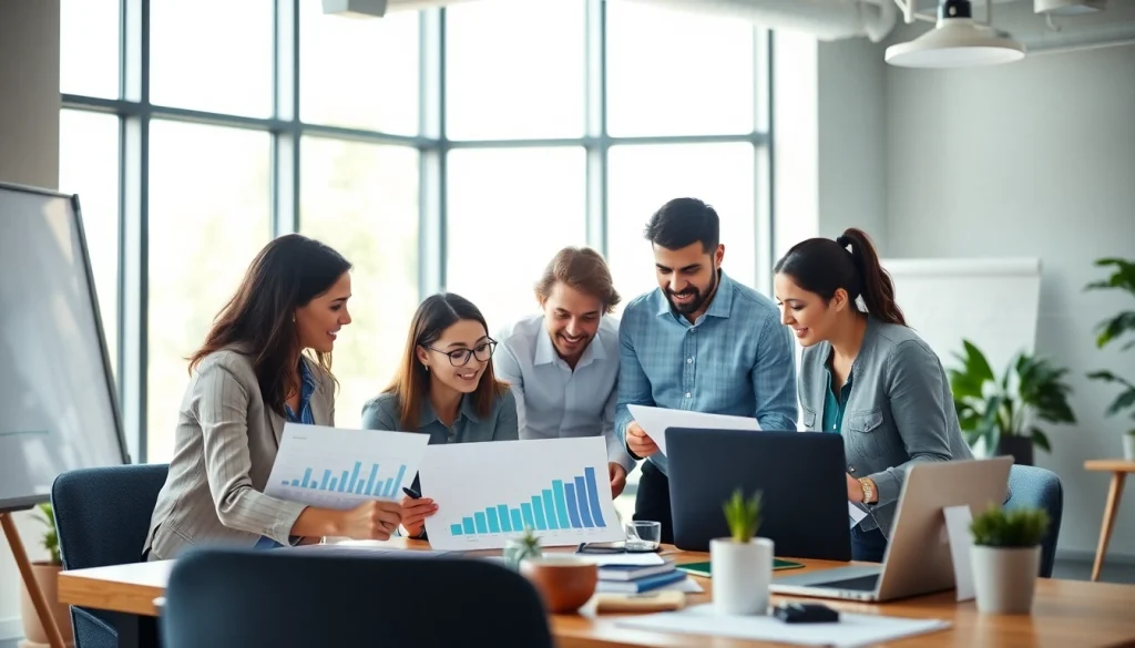 Engaged team discussing business growth insights in a modern office setting.