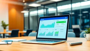 View financial insights from https://m.check-rates.com on a sleek laptop in a vibrant office.