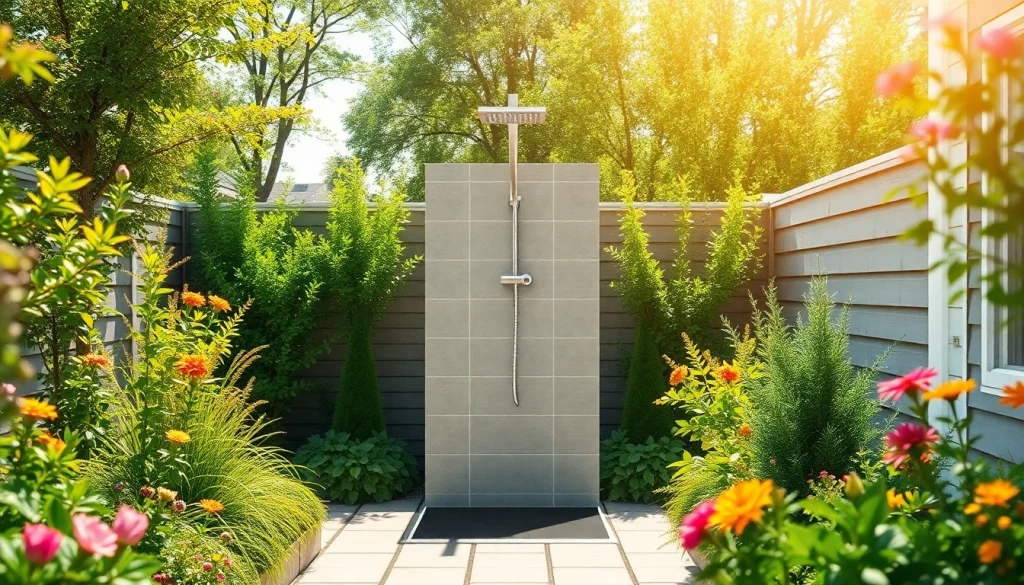 Enjoy a sunny shower in a beautifully landscaped backyard setting, promoting outdoor relaxation.
