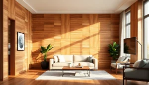 A stylish interior space featuring the veneer hub wood wall panels, showcasing rich textures and warm tones.