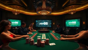 Engage in high-stakes poker action at rr88 gratis with vibrant chips and cards, capturing the excitement of gambling.