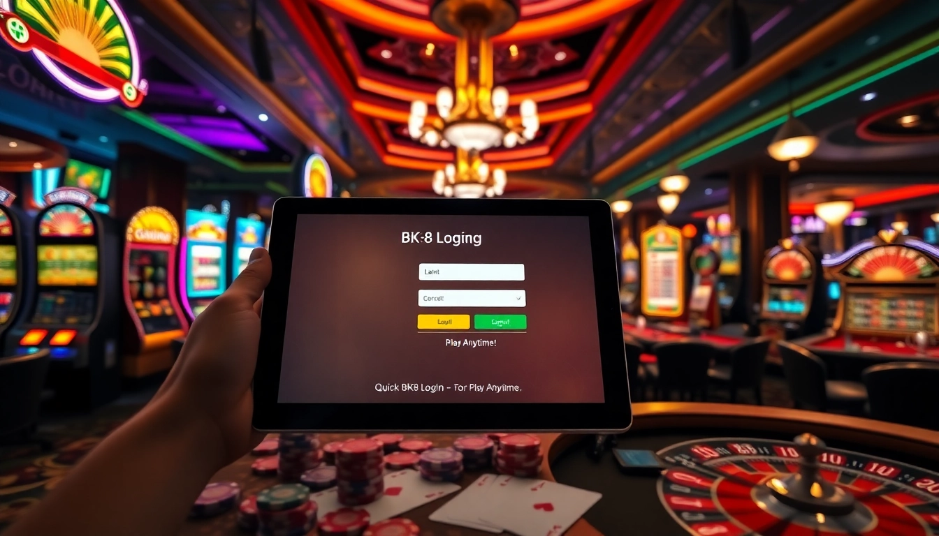 Conveniently access your BK8 login amidst a vibrant casino atmosphere filled with slot machines and table games.