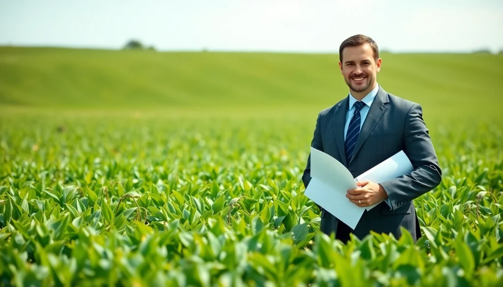 Agriculture lawyer confidently reviewing legal documents in a vibrant green field.