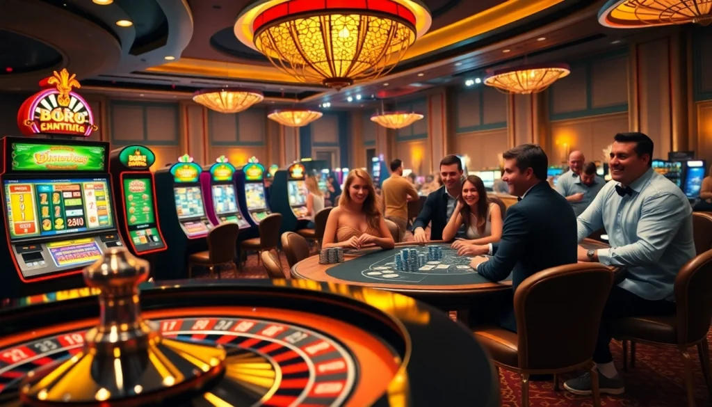 Exciting gaming scene at Bet88 showcasing luxurious casino tables and vibrant slot machines.
