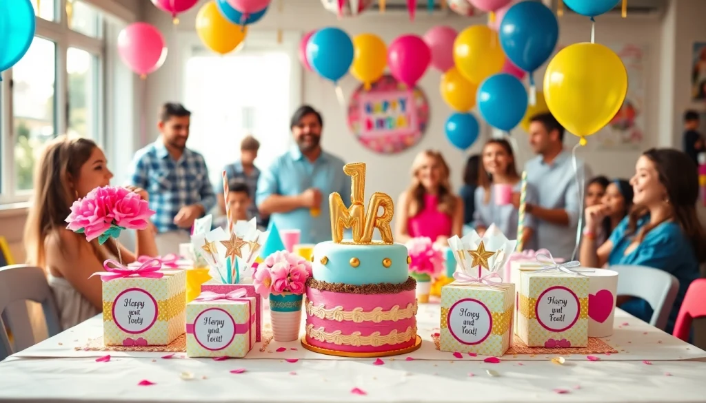 Festive customizable birthday party decorations with colorful balloons and personal touches.