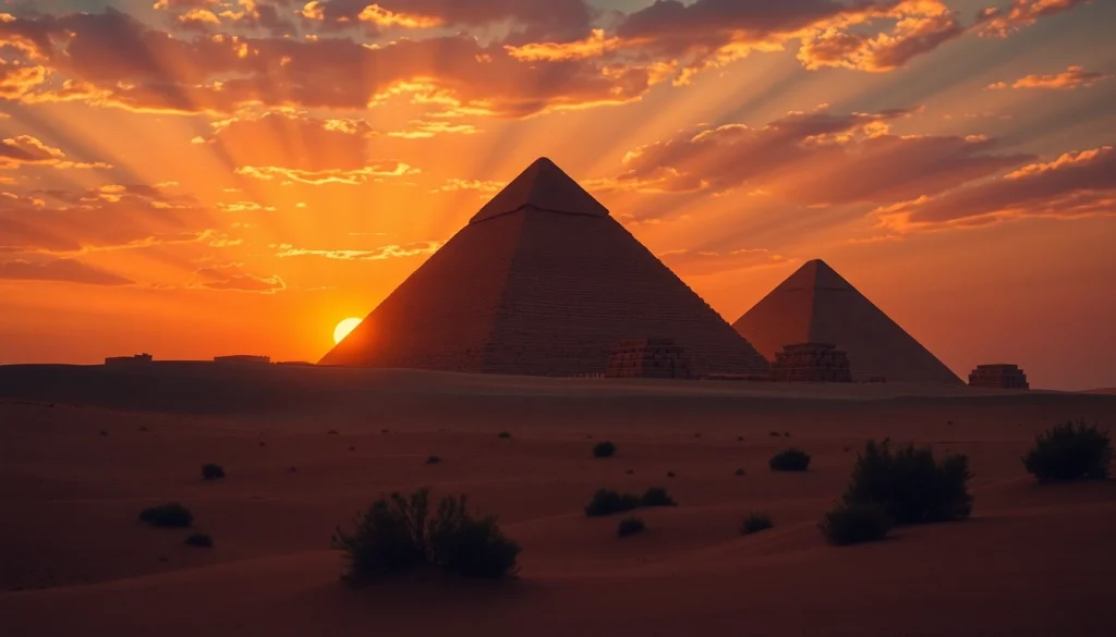 Capture the majestic piraminds against a vibrant sunset, emphasizing their ancient grandeur.