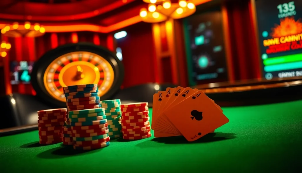 Exciting poker action featuring dewacasino login at a luxurious casino table with vibrant chips and cards.