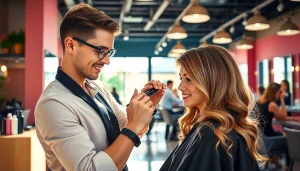 Coafat Craiova - hairstylist creating an elegant hairstyle in a vibrant salon.