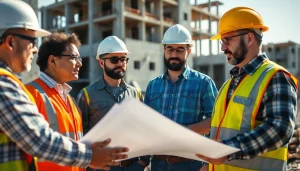 Construction advocacy carolinas professionals coordinating on-site; vibrant atmosphere with blueprints.