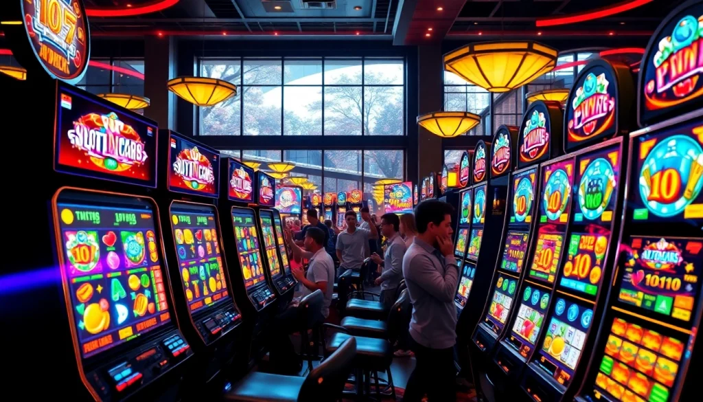 Menangkan permainan slot depo 1k dengan mesin slot yang berwarna-warni dan suasana ramai