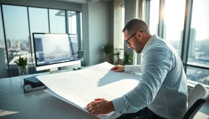 Architect analyzing das 142 plans in a bright, modern office environment.