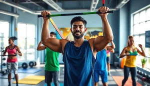 Engaged individuals enhancing strength with pull-up assist bands in a dynamic gym environment.