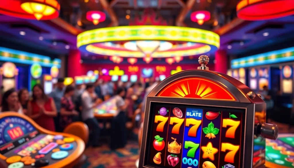 1win slot demo ilə dolu rəngarəng slot maşını nümayiş etdirən kazino görüntüsü.