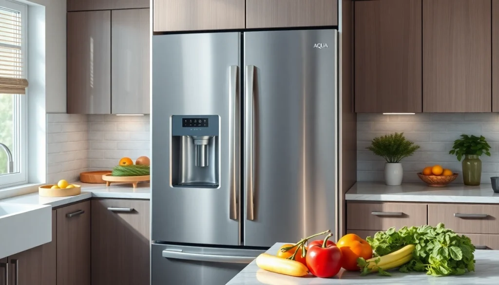 AQUA CREST LT1000PC ADQ747935 Refrigerator Water Filter and Air Filter displayed in a modern kitchen setting, emphasizing quality and health.