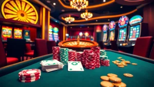 Enjoy an exciting gaming session at Haywin featuring poker chips and a roulette wheel.