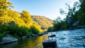 Catch a glimpse of a fly fishing combo in action amidst nature's serene river backdrop.