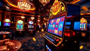 Experience the thrill of slot deposit pulsa gaming with vibrant machines and casino ambiance.
