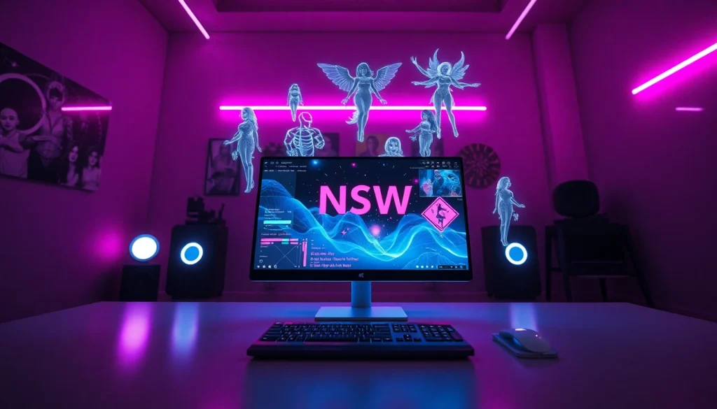 Experience innovative nsfw ai content generation in a futuristic workspace with ambient neon lights.